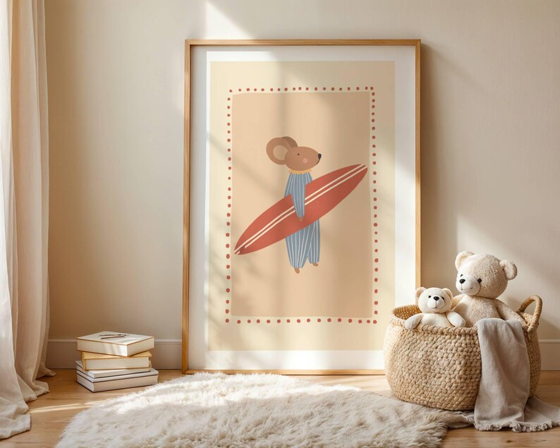 Cute surfer mouse illustration holding a surfboard, whimsical boho animal wall art in warm cozy colors, beach themed nursery poster for kids room decor, modern vintage style children’s artwork, summer vibes printable wall art, digital download suitable for boys and girls room