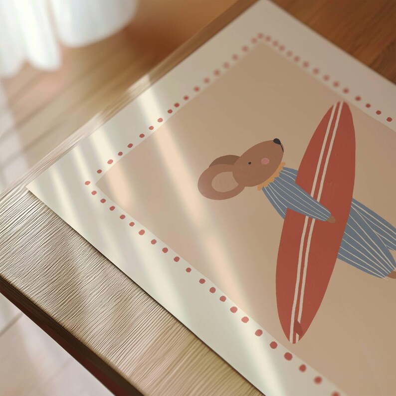 Cute surfer mouse illustration holding a surfboard, whimsical boho animal wall art in warm cozy colors, beach themed nursery poster for kids room decor, modern vintage style children’s artwork, summer vibes printable wall art, digital download suitable for boys and girls room