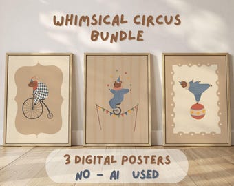 Vintage circuskwekerij print set van 3, teddybeer muurkunstbundel, grillige grizzlybeer poster, handgetekende kinderen muurkunst digitale download
