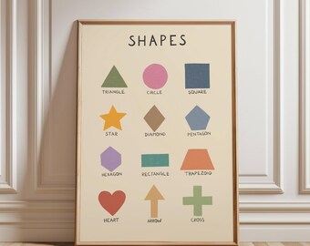 Shapes Educational Poster, Learning Geometric Print, Rainbow Preschool Poster, Kindergarten Wall Art, Pastel Nursery Decor, Digital Download
