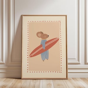 Cute surfer mouse illustration holding a surfboard, whimsical boho animal wall art in warm cozy colors, beach themed nursery poster for kids room decor, modern vintage style children’s artwork, summer vibes printable wall art, digital download suitable for boys and girls room