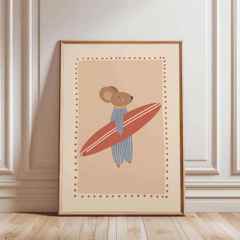 Cute surfer mouse illustration holding a surfboard, whimsical boho animal wall art in warm cozy colors, beach themed nursery poster for kids room decor, modern vintage style children’s artwork, summer vibes printable wall art, digital download suitable for boys and girls room