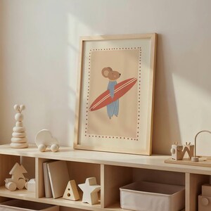Cute surfer mouse illustration holding a surfboard, whimsical boho animal wall art in warm cozy colors, beach themed nursery poster for kids room decor, modern vintage style children’s artwork, summer vibes printable wall art, digital download suitable for boys and girls room