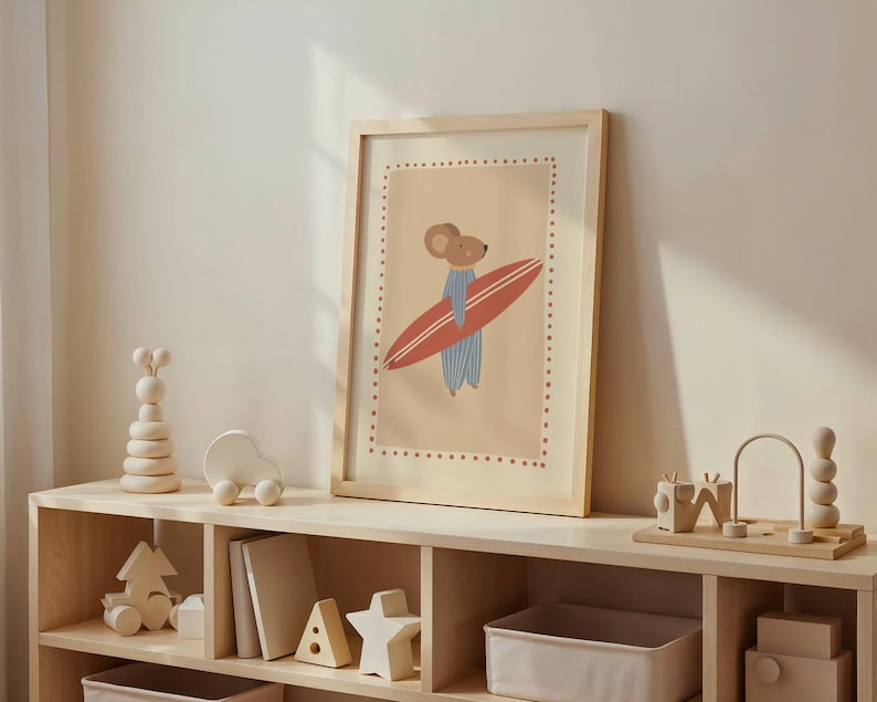 Cute surfer mouse illustration holding a surfboard, whimsical boho animal wall art in warm cozy colors, beach themed nursery poster for kids room decor, modern vintage style children’s artwork, summer vibes printable wall art, digital download suitable for boys and girls room