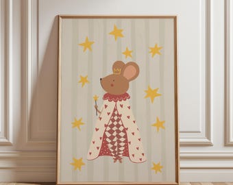 Lámina de arte de pared de ratón mágico, póster de varita mágica para habitación infantil, fondo de rayas estrelladas, bonito arte imprimible neutro para guardería.
