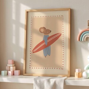 Cute surfer mouse illustration holding a surfboard, whimsical boho animal wall art in warm cozy colors, beach themed nursery poster for kids room decor, modern vintage style children’s artwork, summer vibes printable wall art, digital download suitable for boys and girls room