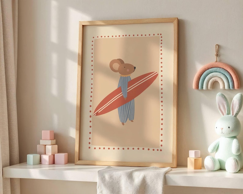 Cute surfer mouse illustration holding a surfboard, whimsical boho animal wall art in warm cozy colors, beach themed nursery poster for kids room decor, modern vintage style children’s artwork, summer vibes printable wall art, digital download suitable for boys and girls room