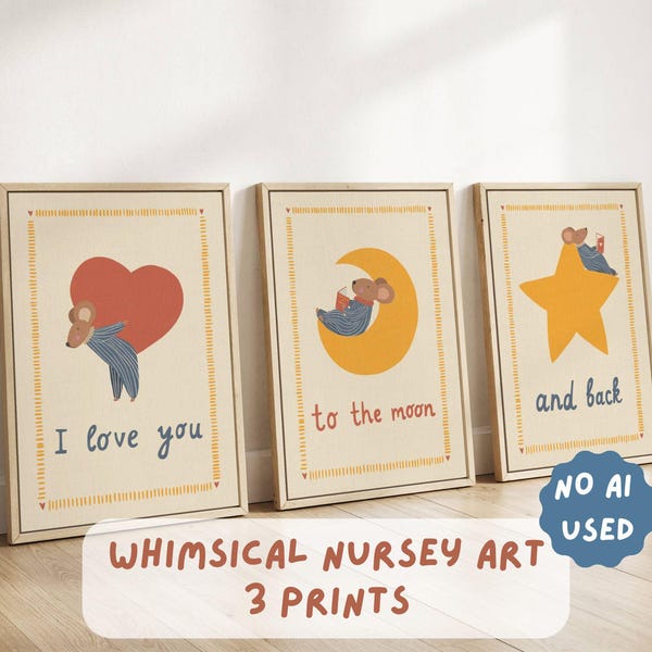 Lot de 3 oeuvres d'art murales célestes pour chambre d'enfant, impressions coeur étoile lune, décoration murale lunatique souris galerie pour salle de jeux chambre d'enfants, téléchargement numérique