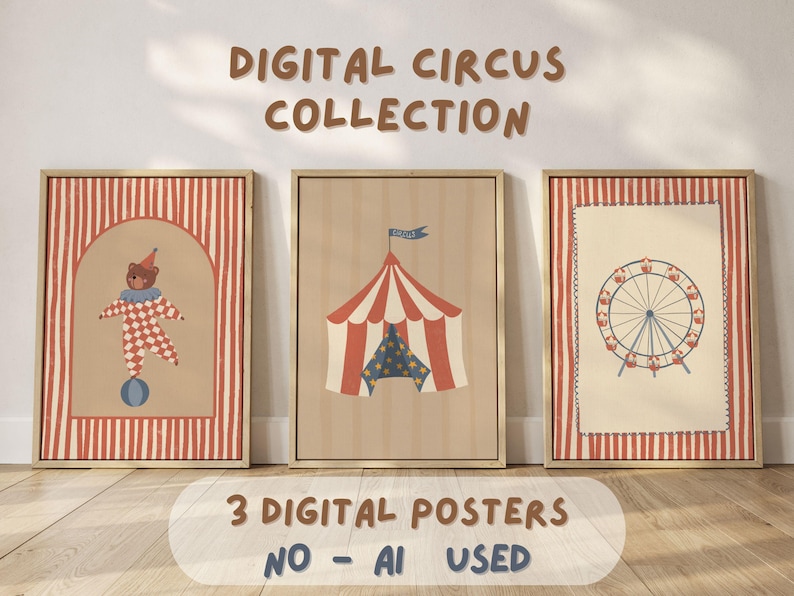 Vintage Circus Nursery Prints Set of 3, Hand Drawn Kids Room Wall Art ...