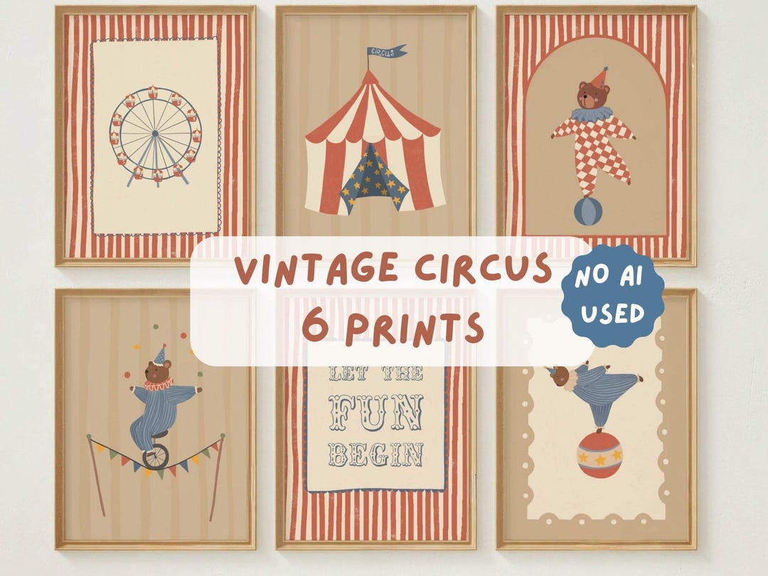 Vintage Circus Nursery Prints Set of 6, Colorful Playroom Wall Art ...