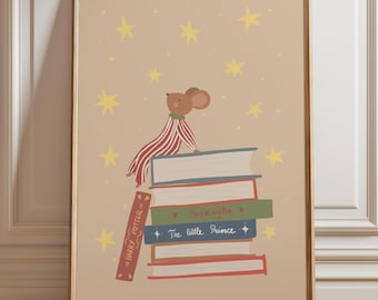Ilustración de un ratón caprichoso sentado sobre libros, póster inspirador para la habitación de los niños, descarga digital.
