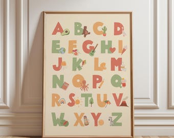 Colorful Alphabet Poster with Illustrated Pictures, ABC Wall Art for Kids, Educational Digital Download, Nursery Decor Printable