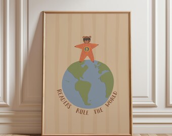Póster "Los lectores gobiernan el mundo", arte mural imprimible de superhéroes, decoración para rincones de lectura, descarga digital para amantes de los libros