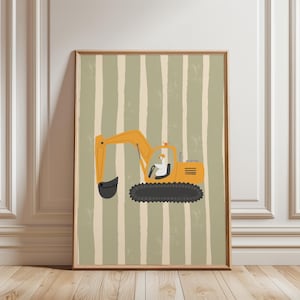 May include: A framed wall art print featuring a yellow excavator with a black bucket and tracks, operated by a white bird wearing a small orange hat. The background consists of vertical stripes in alternating shades of sage green and cream.