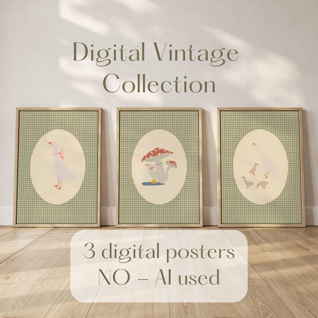Vintage Silly Goose Nursery Prints Set of 3, Hand Drawn Kids Room Wall ...