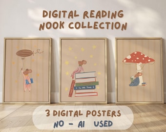 Puede incluir: Tres carteles digitales enmarcados con ilustraciones caprichosas. Uno muestra un ratón con un globo, otro un ratón sobre libros y el último un ratón debajo de una seta. El texto dice "DIGITAL READING NOOK COLLECTION" y "3 DIGITAL POSTERS NO - AI USED."