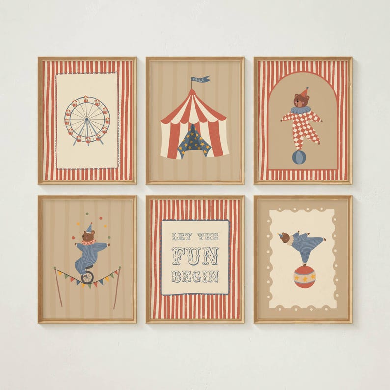 Vintage Circus Nursery Prints Set of 6, Colorful Playroom Wall Art ...