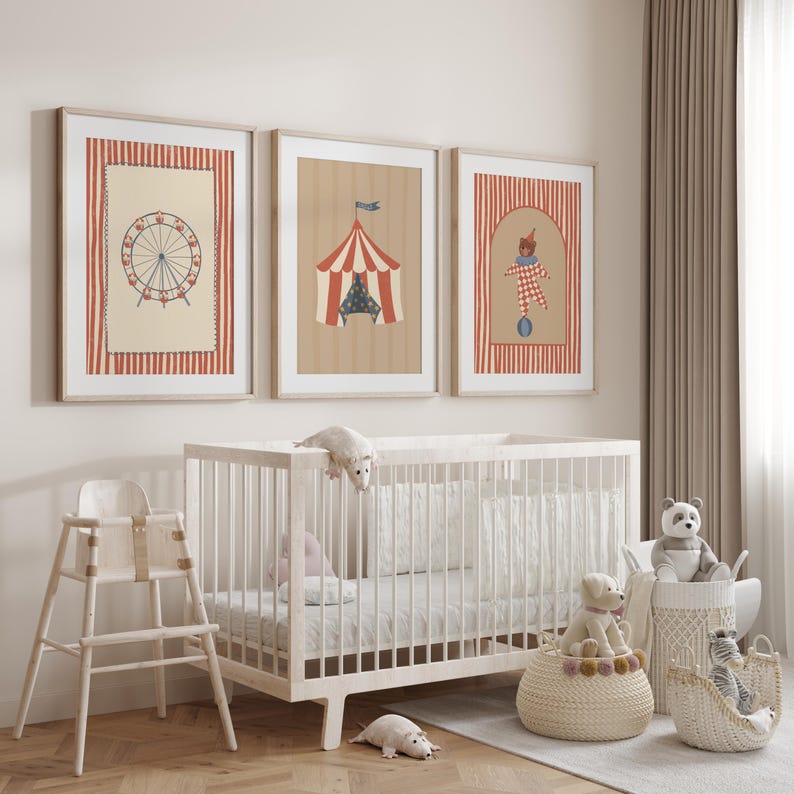 Vintage Circus Nursery Prints Set of 3, Hand Drawn Kids Room Wall Art ...