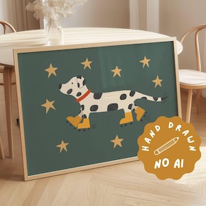 May include: A framed art print featuring a whimsical illustration of a Dalmatian dog wearing yellow boots, set against a dark teal background with gold stars. The artwork has a hand-drawn aesthetic, with a gold-colored seal that reads "HAND DRAWN NO AI".