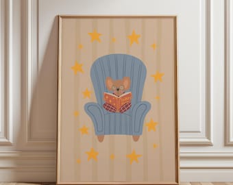 Whimsical Mouse Reading Printable Wall Art, Star Themed Animal Illustration, Inspirational Poster for Kids Room, Digital Download