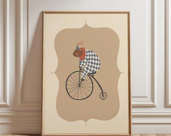 Grillige digitale circusbeer fietst, poster grizzlybeer, teddybeer kinderkamer kunst aan de muur, afdrukbare retro circusillustratie