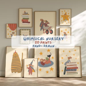 May include: A collection of ten framed wall art prints featuring hand-drawn illustrations of mice, cats, and stars in soft colours. The artwork depicts scenes with books, hot air balloons, and wagons. The text WHIMSICAL NURSERY 20 PRINTS HAND-DRAWN is centred.