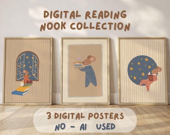 Puede incluir: Tres carteles digitales enmarcados con un tema de rincón de lectura. Cada cartel presenta un ratón de dibujos animados. Un ratón mira por una ventana, otro lleva libros y el tercero lee bajo un cielo estrellado. El texto dice "DIGITAL READING NOOK COLLECTION" y "3 DIGITAL POSTERS NO - AI USED".