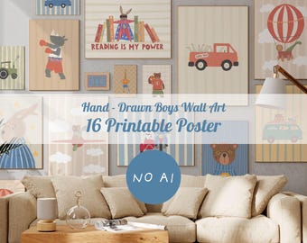 16 Boys Room Animal Prints Bundle, Printable Wall Art for Toddler Bedroom, Kids Room Art Set for Game Room, Hand-Drawn Digital Download