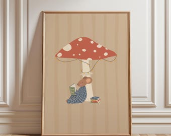 Topolino stravagante che legge un libro sotto un fungo, stampabile, poster per la cameretta dei bambini o per la cameretta dei bambini, accogliente angolo lettura, download digitale