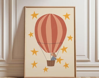 Mouse in Red Hot Air Balloon Nursery Decor, Yellow Stars Background Illustration, Kids Room or Playroom Poster, Digital Download