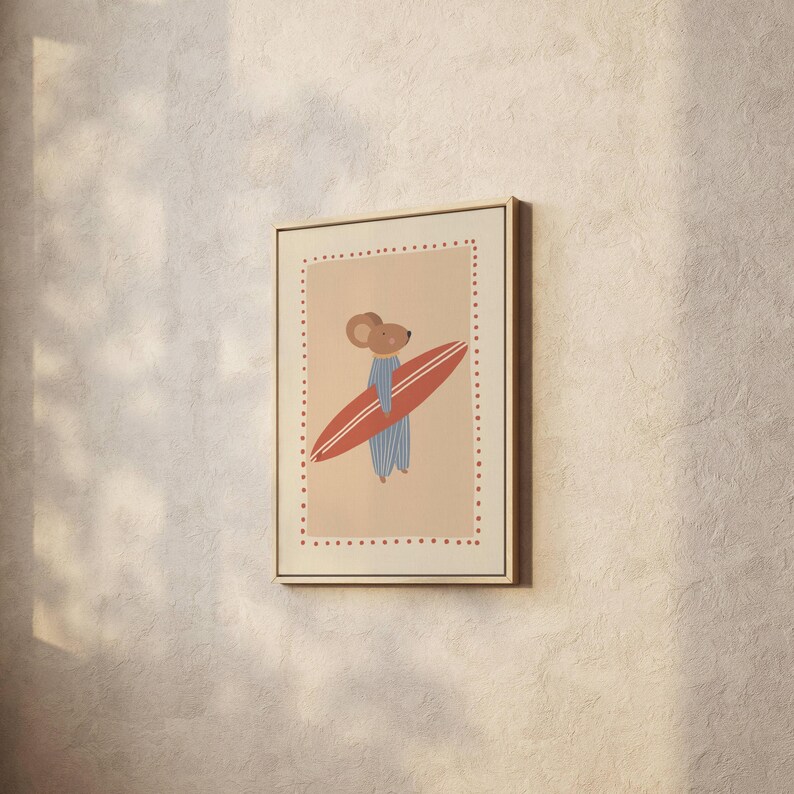 Cute surfer mouse illustration holding a surfboard, whimsical boho animal wall art in warm cozy colors, beach themed nursery poster for kids room decor, modern vintage style children’s artwork, summer vibes printable wall art, digital download suitable for boys and girls room