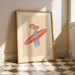 Cute surfer mouse illustration holding a surfboard, whimsical boho animal wall art in warm cozy colors, beach themed nursery poster for kids room decor, modern vintage style children’s artwork, summer vibes printable wall art, digital download suitable for boys and girls room