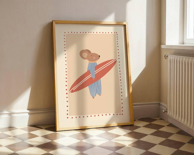 Cute surfer mouse illustration holding a surfboard, whimsical boho animal wall art in warm cozy colors, beach themed nursery poster for kids room decor, modern vintage style children’s artwork, summer vibes printable wall art, digital download suitable for boys and girls room