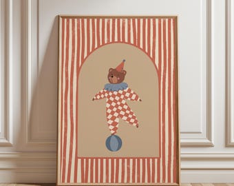 Grillige poster grizzlybeer, digitale circusbeer in geruit carnavalskostuum, teddybeer kinderkamer kunst aan de muur, afdrukbare retro illustratie
