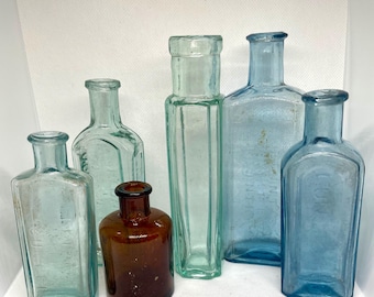 Vintage Antique Glass Apothecary Bottles | Victorian Era Medicine Bottles | Aqua, Blue, Brown Colored