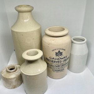 Op de afbeelding: Een verzameling antieke room- en melkpotten in verschillende maten en vormen. De potten zijn voornamelijk gebroken wit, sommige met een donkerdere band. Eén pot heeft de tekst "Galloway Preserved Cream".