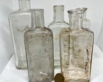 Vintage Antique Apothecary Clear Colored Glass Bottles | Victorian Medicine and Pharmacy