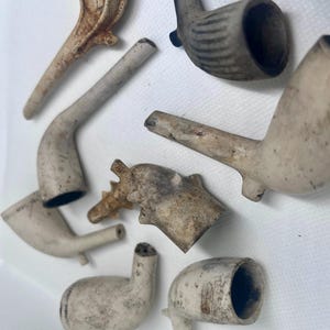 May include: A selection of antique clay tobacco pipes in various shapes and sizes. The pipes are off-white with signs of age and use, some with decorative details. The image shows the bowls, stems, and mouthpieces of the pipes.
