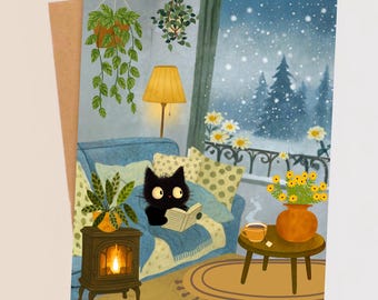 Black Cat Greeting Card  Reading Cat Illustration  Book Lover Gift  Cute Cat Card  Midnight Cat