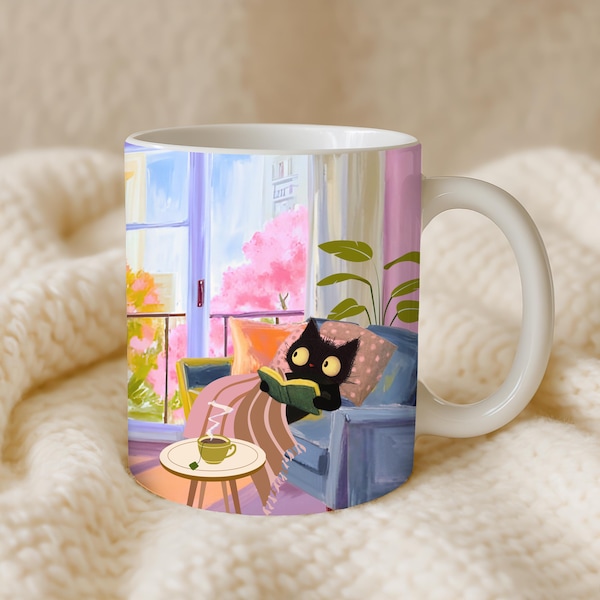 Cozy Cat Mug Black Cat Mug Cat Coffee Mug Book Lover Mug Cute Cat Mug Cat Lover Gift Ideas Black Cat Gifts Cat Lover Gifts For Women