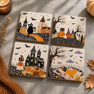 May include: A set of four square coasters featuring Halloween-themed illustrations of black cats, haunted houses, pumpkins, and bats. Each coaster displays a unique scene with a cream background, black silhouettes, and orange accents.