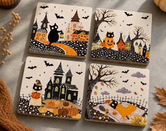 Posavasos de Halloween Gato negro Decoración de Halloween Decoración de mesa vintage de Halloween Posavasos espeluznantes Decoración de brujas Juego de posavasos de otoño Regalo para anfitriona