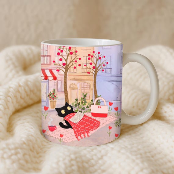 Cozy Spring Cat Mug | Reading Cat Mug | Book Lover Coffee Mug | Black Cat Lover Gift | Tulip Mug | Cozy Reader Gift | Cat Mom Gift