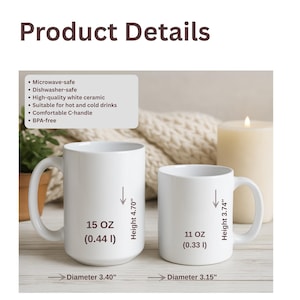 Puede incluir: Dos tazas de cer&aacute;mica blanca con asas en C. La taza grande es de 0,44 l (15 oz) con una altura de 4,70 pulgadas y un di&aacute;metro de 3,40 pulgadas. La taza peque&ntilde;a es de 0,33 l (11 oz) con una altura de 3,74 pulgadas y un di&aacute;metro de 3,15 pulgadas.