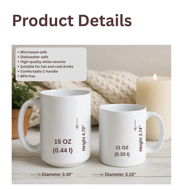 Puede incluir: Dos tazas de cer&aacute;mica blanca con asas en C. La taza grande es de 0,44 l (15 oz) con una altura de 4,70 pulgadas y un di&aacute;metro de 3,40 pulgadas. La taza peque&ntilde;a es de 0,33 l (11 oz) con una altura de 3,74 pulgadas y un di&aacute;metro de 3,15 pulgadas.