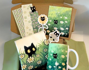 Cat Lover Gift Set For Cat Mom, Floral Black Cat Mug Tote Bag Bookmarks Stickers Card, Mothers Day Gift, Cozy Book Lover, Kawaii Kitten Box