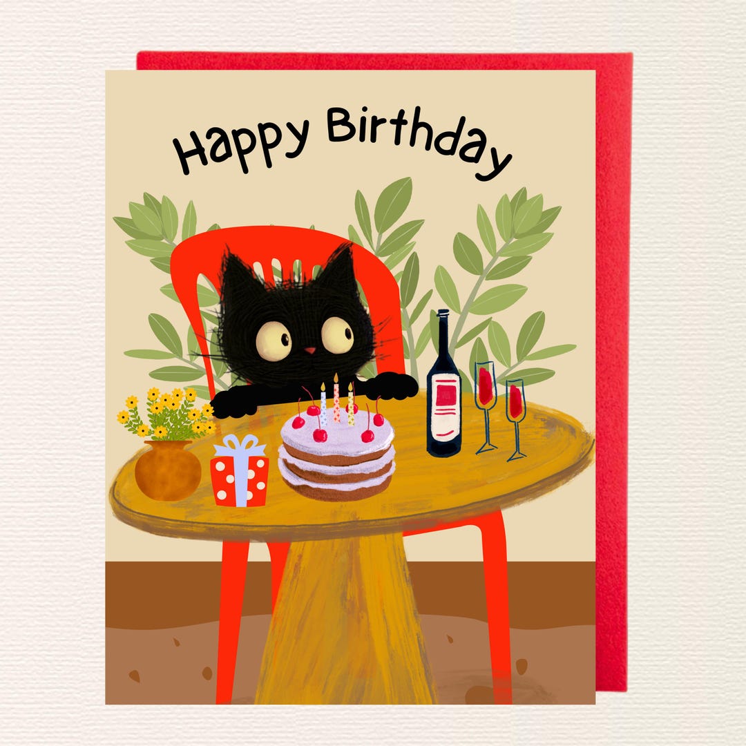 Cat Birthday Card for Cat Lover Cute Black Cat Birthday Card for Her or ...