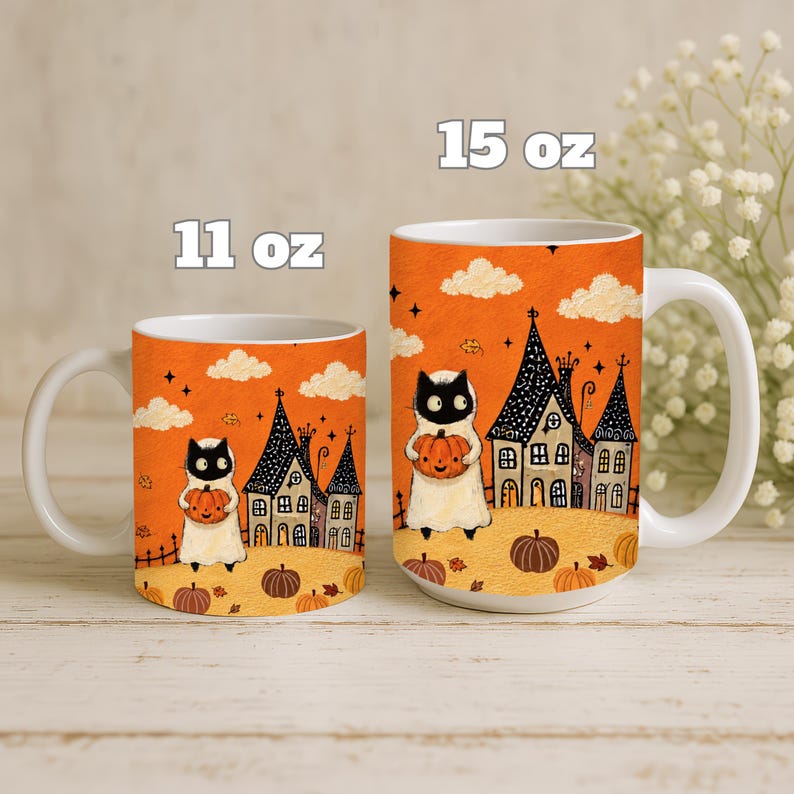 Puede incluir: Dos tazas de cer&aacute;mica blanca con una ilustraci&oacute;n naranja de Halloween de un gato disfrazado de fantasma sosteniendo una calabaza, junto a una casa encantada. La taza m&aacute;s peque&ntilde;a indica 11 oz y la m&aacute;s grande indica 15 oz.