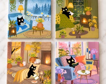Posavasos de gato, estilo cottagecore, juego de posavasos, decoración para mesa de centro, decoración para rincón de lectura, decoración para amantes de los gatos, regalos para amantes de los gatos, posavasos de cerámica, decoración acogedora para gatos