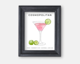 Cosmopolitan Cocktail Illustrations, Drinks Print, Signature Cocktail Sign, Wedding Decor, Watercolor Cocktails